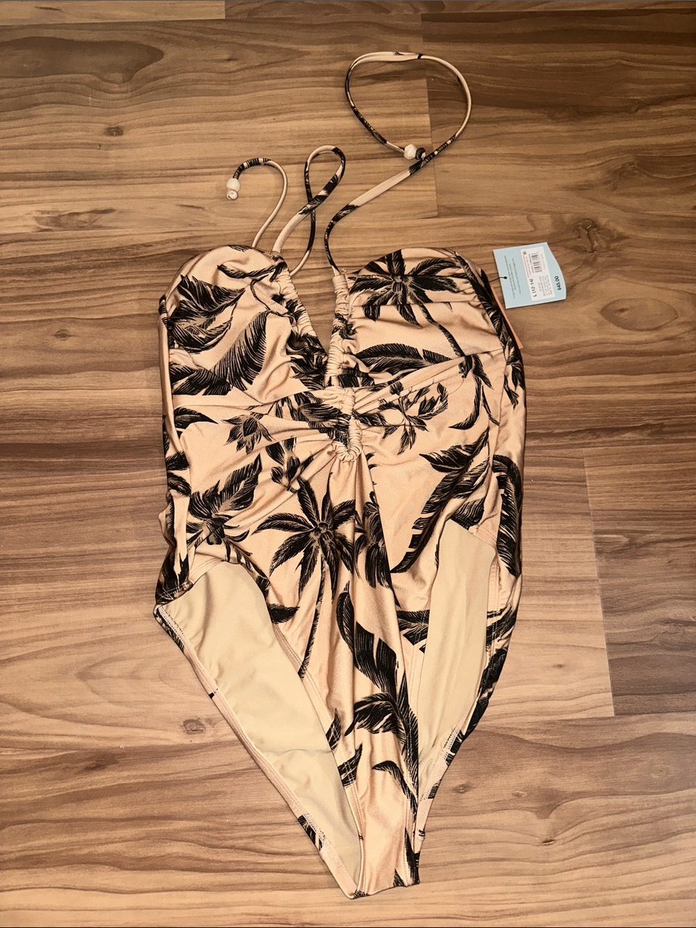 Shade & Shore Beige One-Piece Swimsuit with Black Palm Print